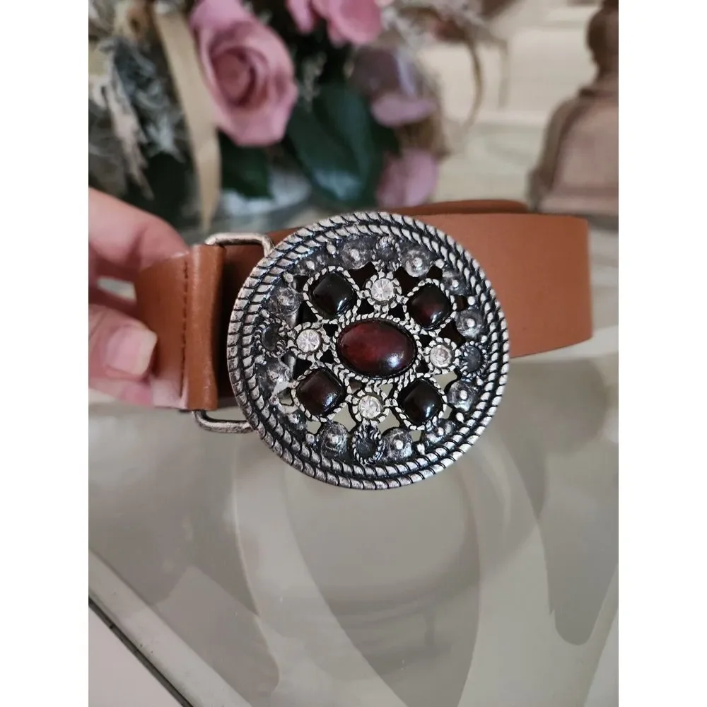 Olsen Women's Belt 100% Leather Tan Color‎ With Floral Medallion Buckle Size 6